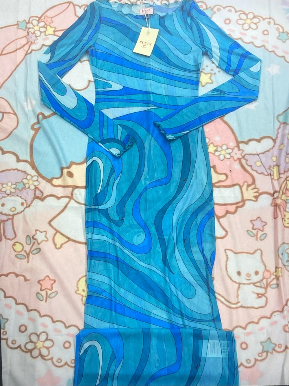 Emilio Pucci Turquoise & Cobalt Swirl Long Sleeve Maxi Dress